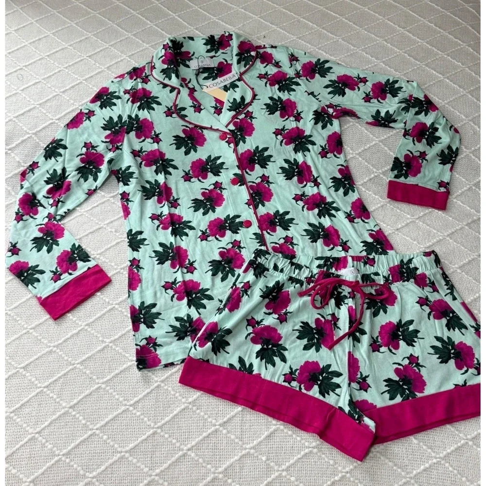 Cosabella Bella Floral Pajama Set Lagoon Mint‎ & Fuchsia Luxury Sleepwear